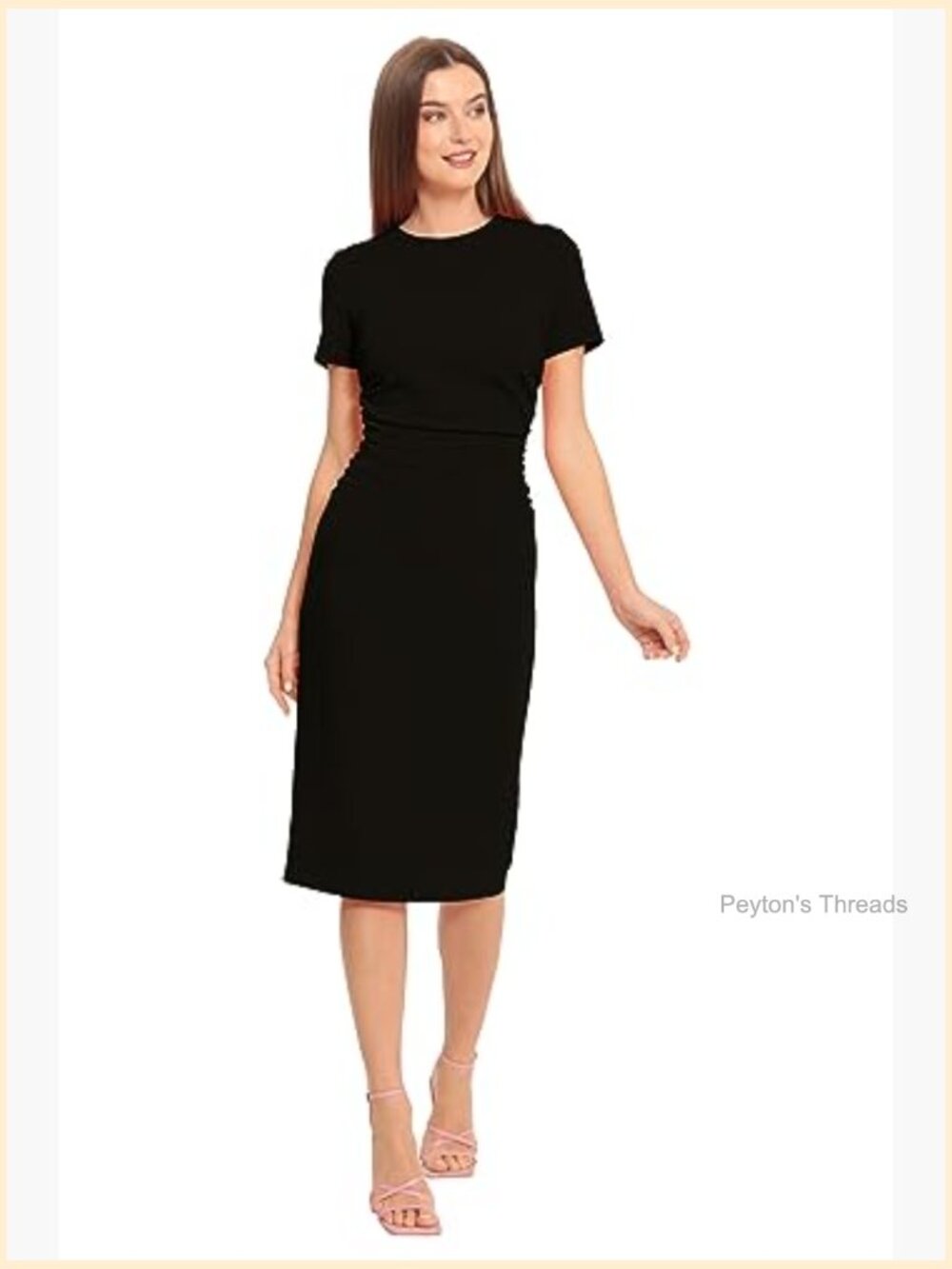 Ruched Waist Crepe Sheath Dress with Jewel Neck Short Sleeves Workwear - Picture 3 of 5